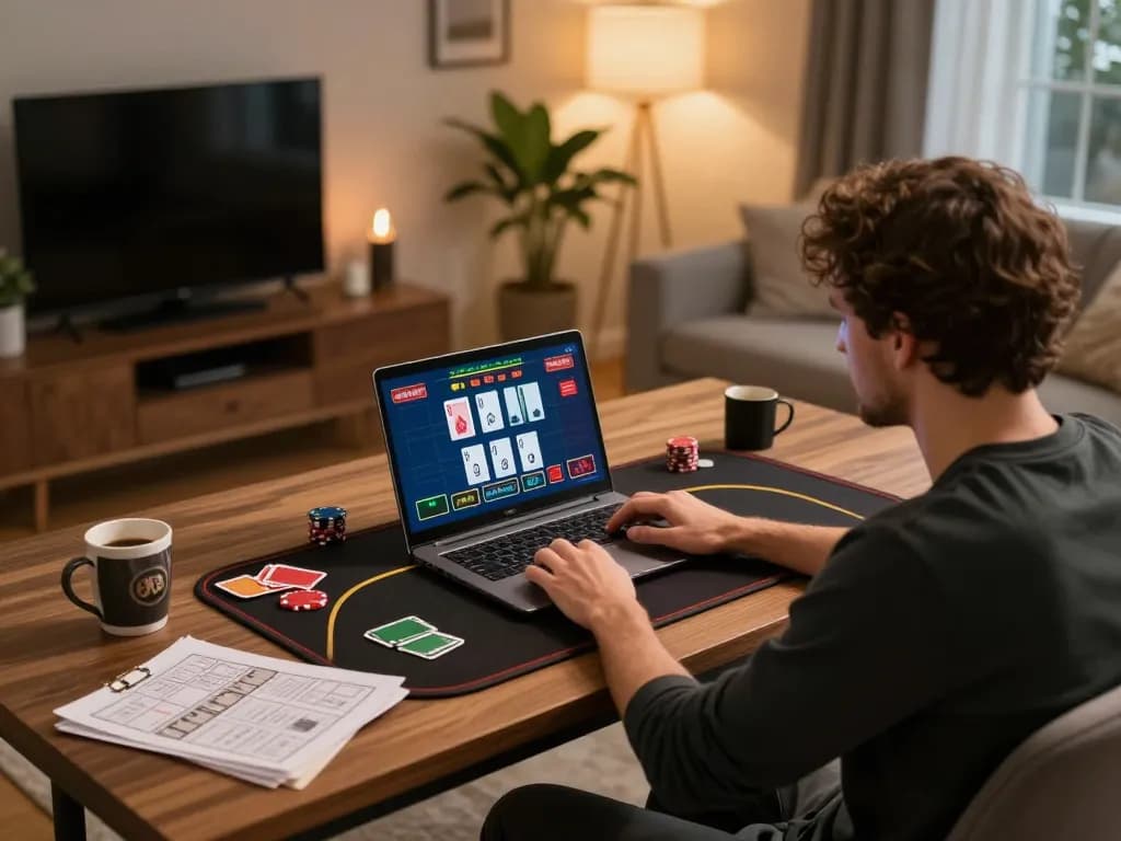 Engaging in a strategic fabet online casino gaming session at a cozy home desk.