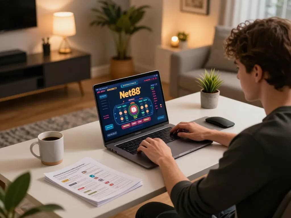 Player exploring Net88’s online casino interface from a stylish home setup.