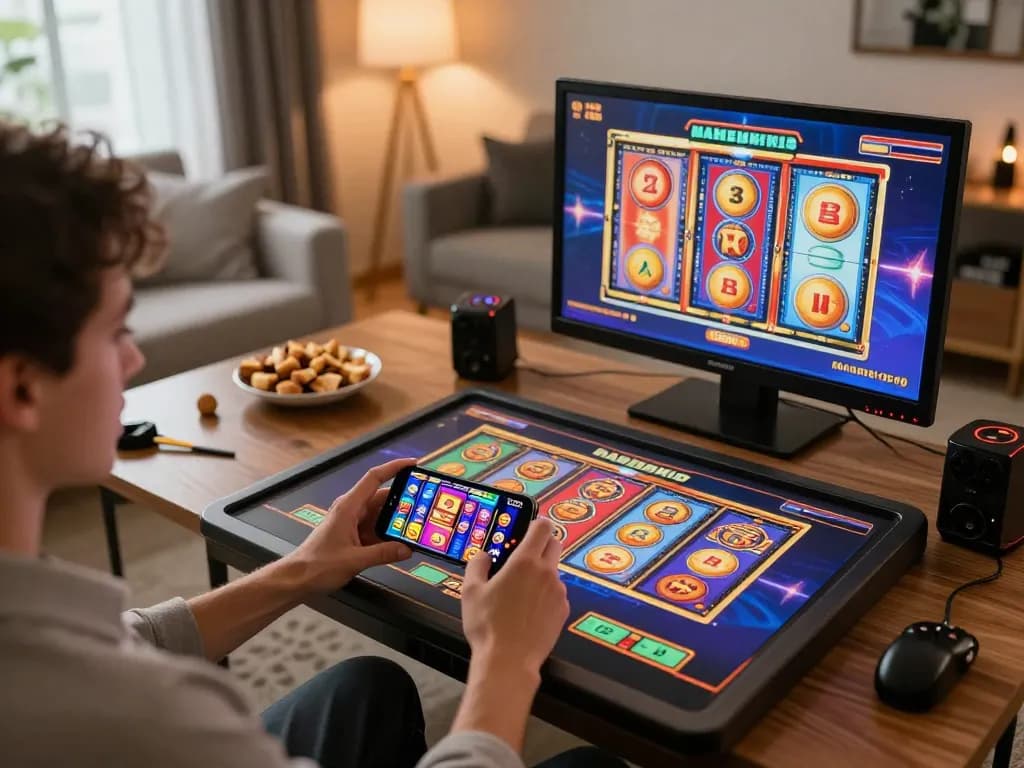 Player engaged in online rikvip gaming on smartphone, colorful slot game graphics visible, cozy home atmosphere
