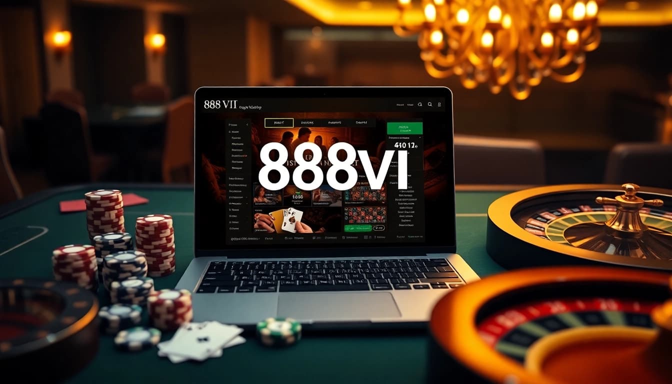 Engaging scene of 888VI Đăng nhập with sleek laptop, casino chips, and roulette wheel.