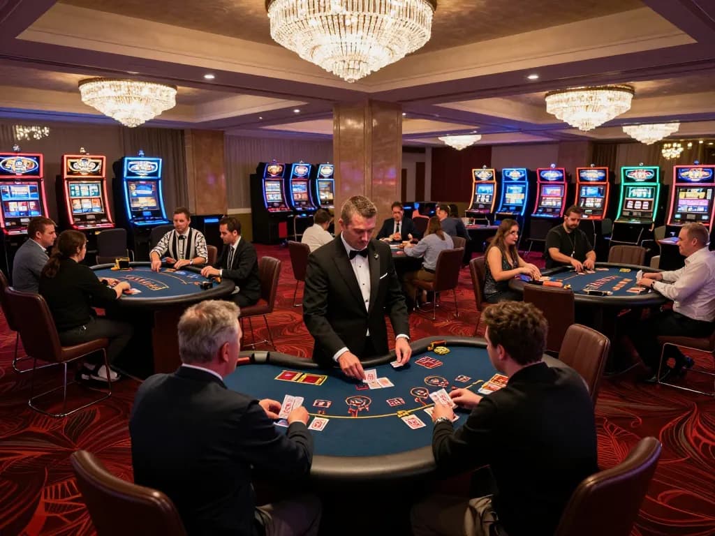 Players strategizing at blackjack tables while showcasing transporthydraulics connections in a luxurious casino atmosphere.