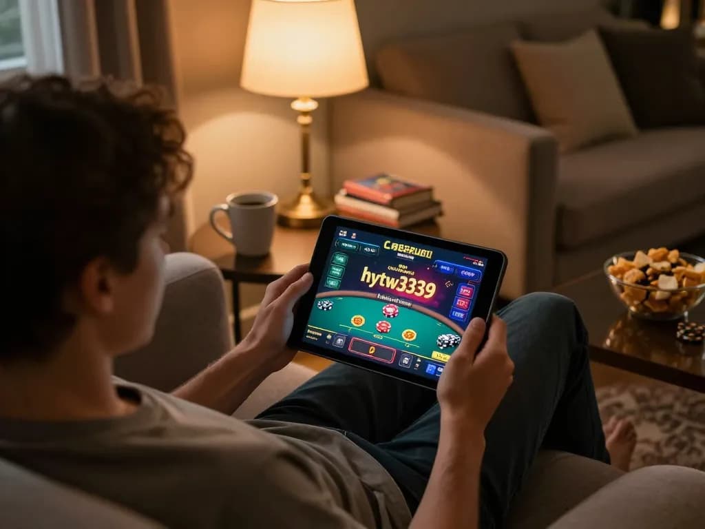 Engaging home gambling scene at hytw3339 with player analyzing poker strategy on tablet.