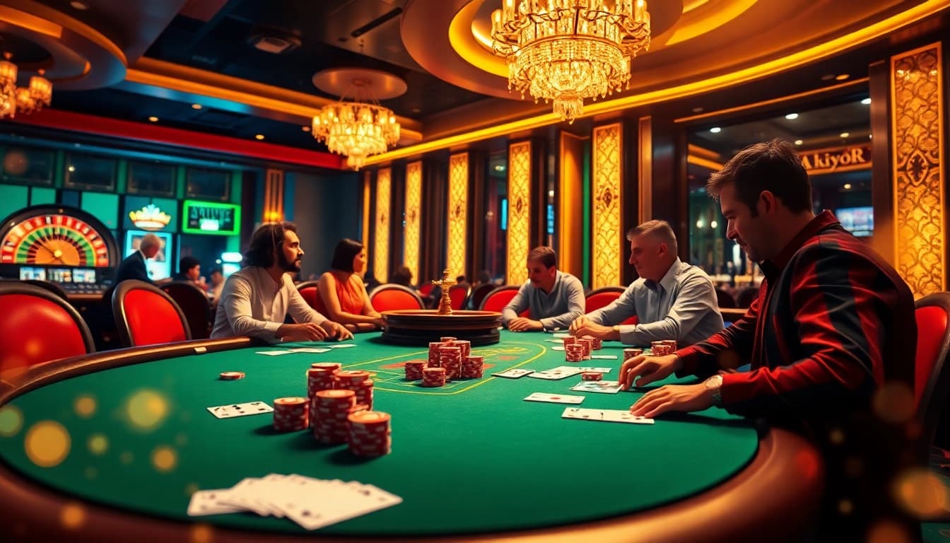 Engaging view of online casino at https://bem88.com with poker table, chips, and roulette wheel.