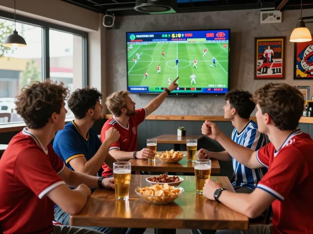 Tỷ lệ kèo bóng đá showcased in a lively sports bar with passionate fans analyzing live matches.