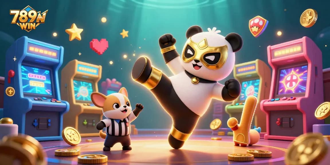 Experience thrilling gameplay with 789WIN as a panda champions a casino with flying kicks and excited animal fans.