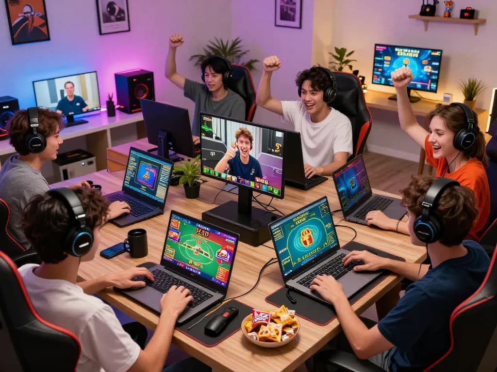 Engaging online gaming scene with players enjoying Rikvip on laptops and mobiles.