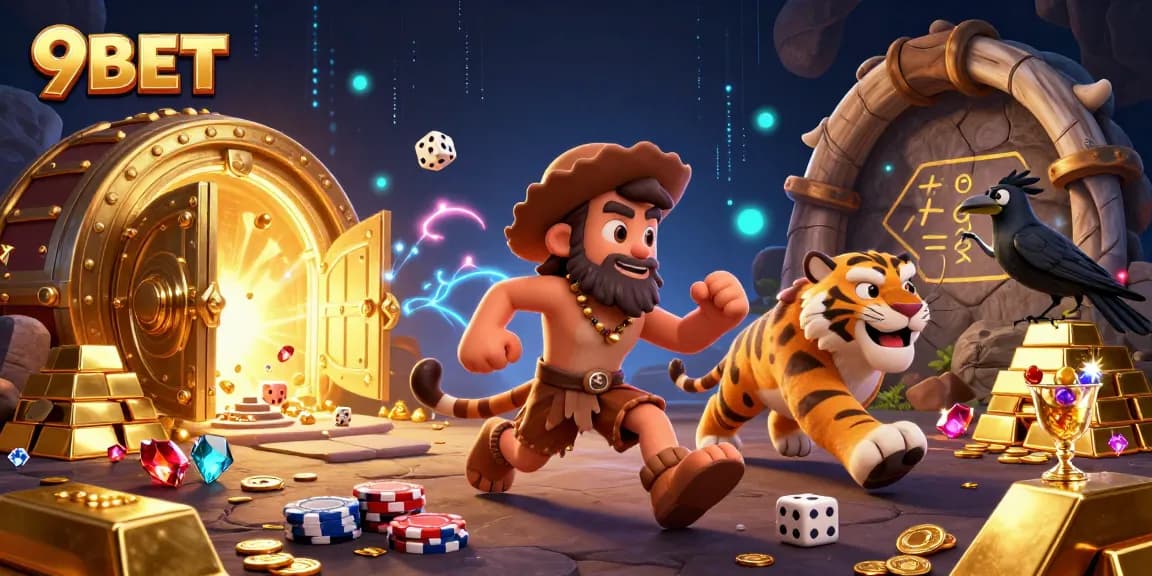 Join the 9BET adventure with a caveman, tiger, and crow in a thrilling casino scene.
