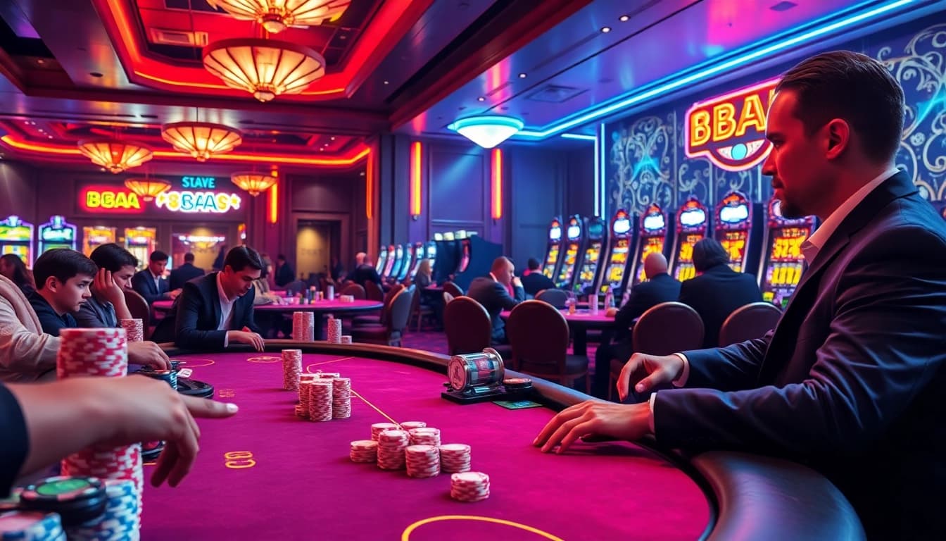 Experience the excitement of gambling at 88AA Đăng nhập with high-stakes poker and vibrant casino lights.