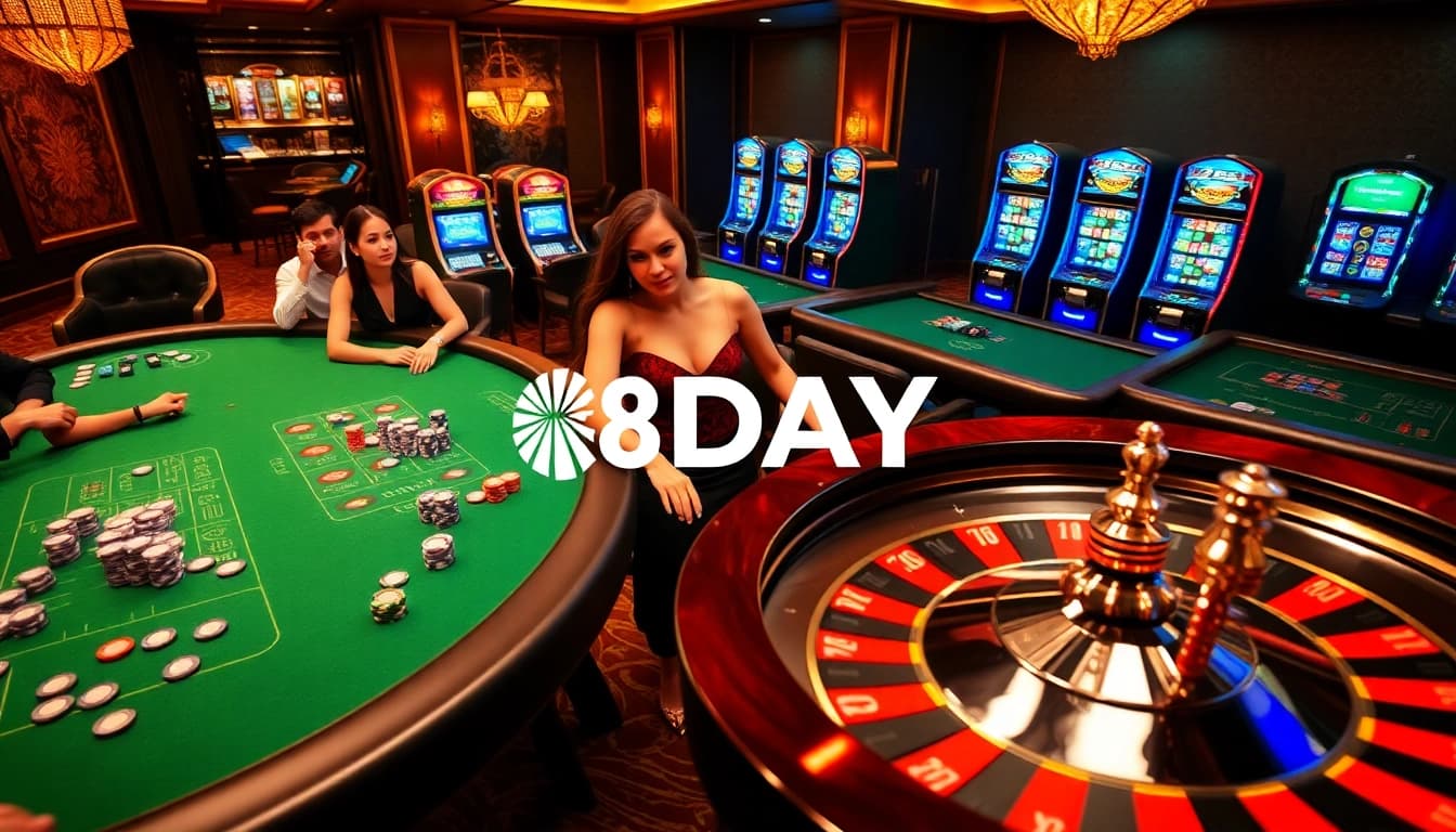 Experience high-stakes action at a luxurious casino featuring the 8DAY logo amidst vibrant betting tables.