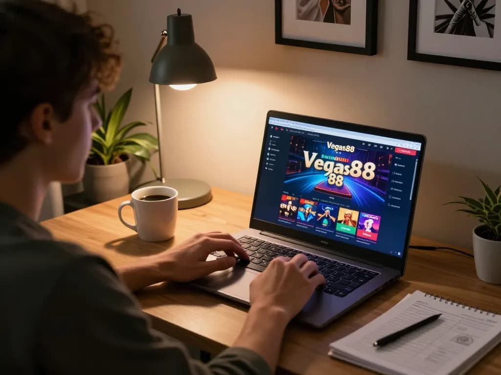 Engaged player exploring vegas88 casino gaming strategies at home.