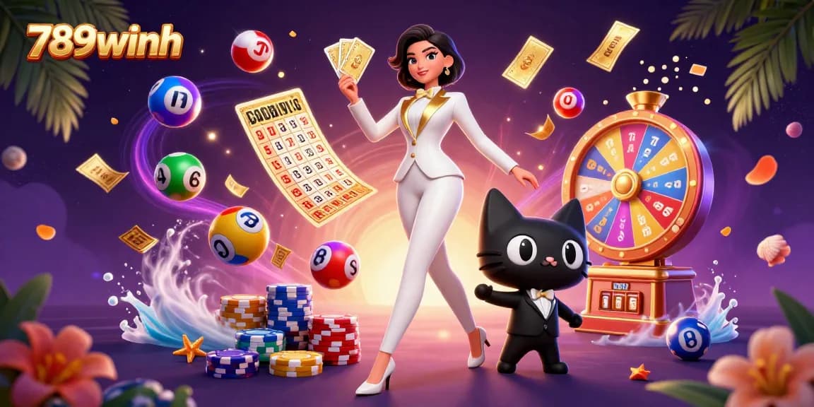 Engage with the thrilling world of 789winh as a glamorous dealer shuffles cards surrounded by vibrant lottery balls.