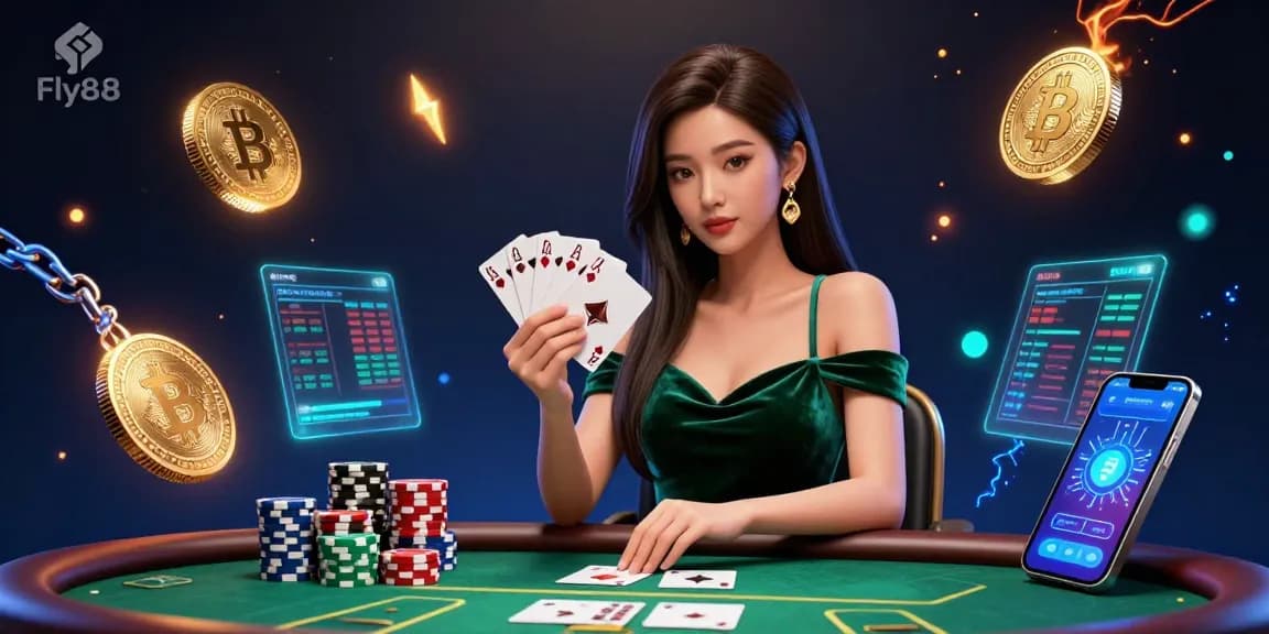 Experience thrilling gameplay at Fly88, featuring a prominent poker scene with a stunning Asian woman, vibrant lighting, and luxury elements.