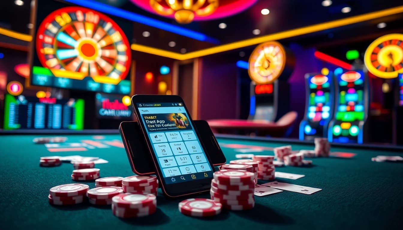 Action-packed scene of the THABET app on a smartphone among casino elements.