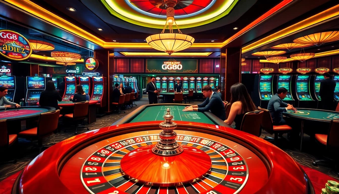 Exciting casino scene showcasing GG88 with roulette, poker tables, and vibrant slot machines.