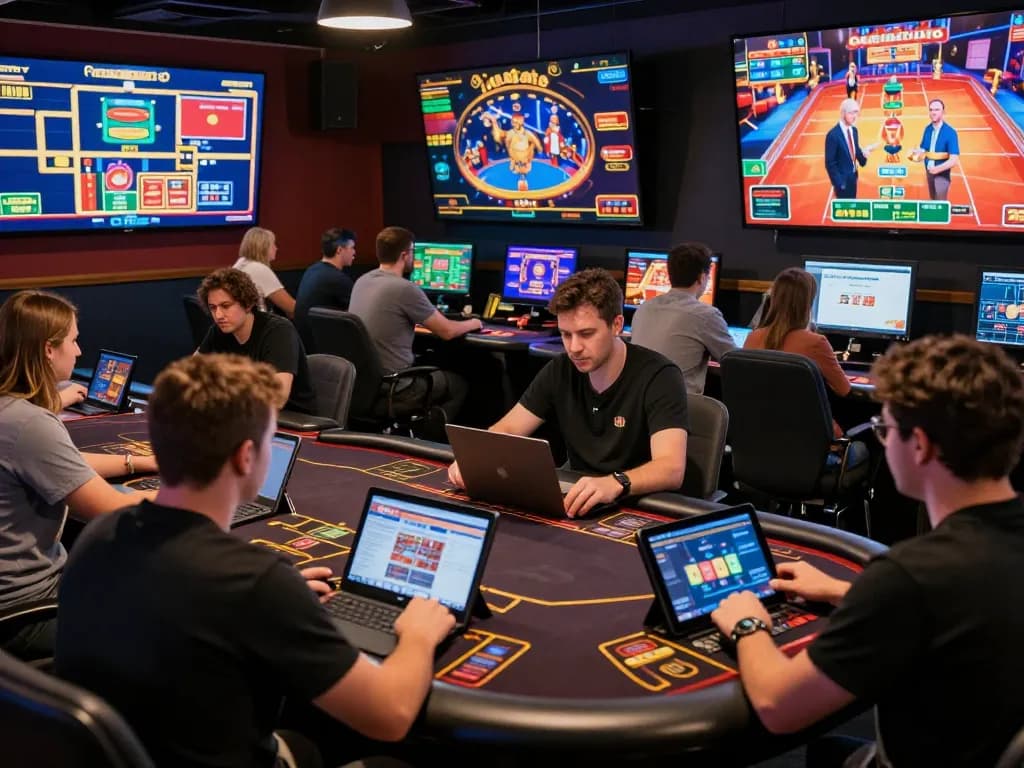 Engaged players at CO88’s online casino using tablets to strategize for winning bets
