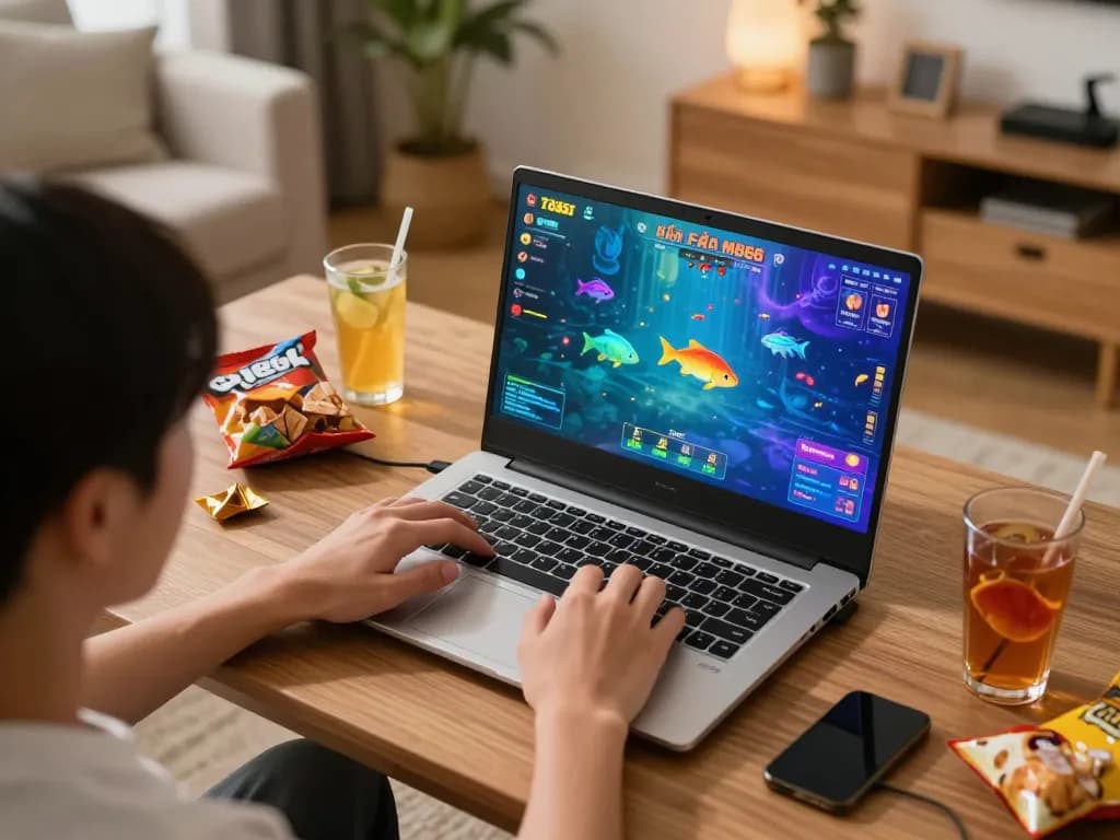 Bắn cá mb66 gameplay displayed on laptop in a cozy gaming environment.