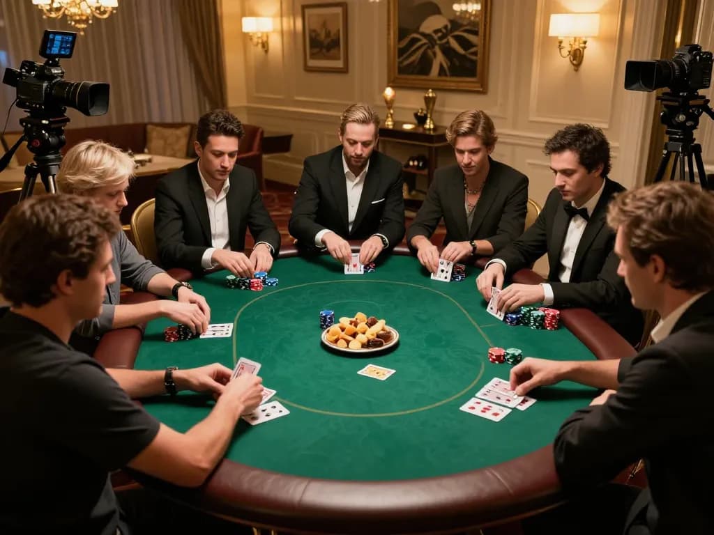 river4 players strategizing during an upscale poker game in an exclusive setting