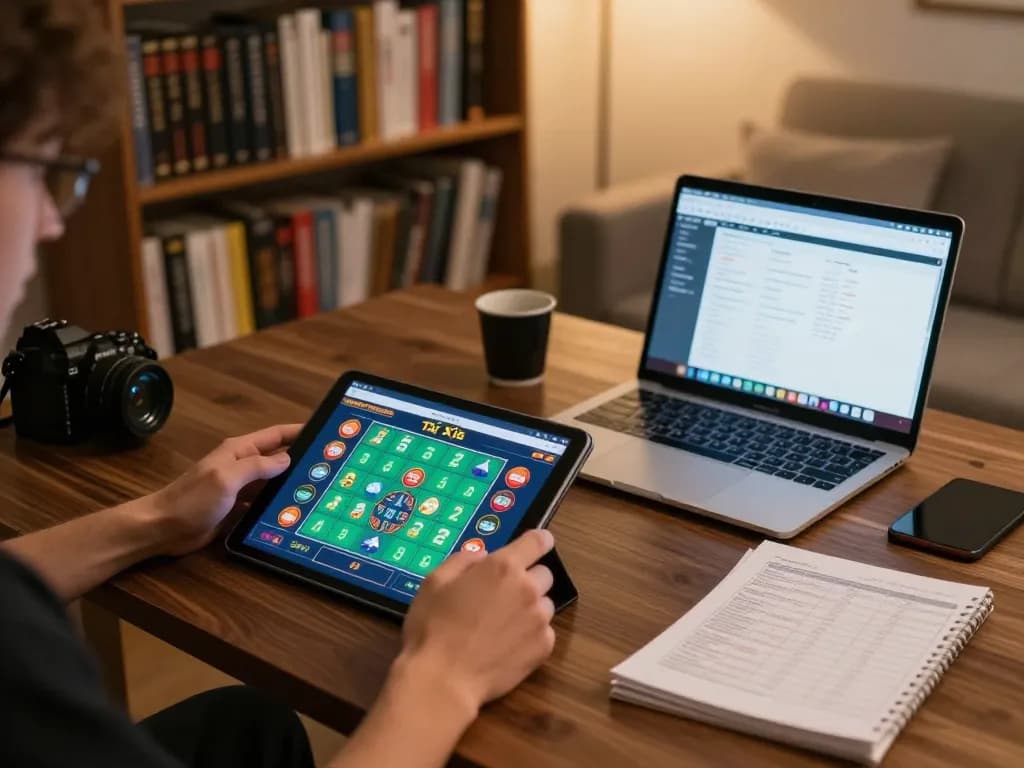 Taking strategic bets on Trang tài xỉu online using a tablet in a cozy home setting
