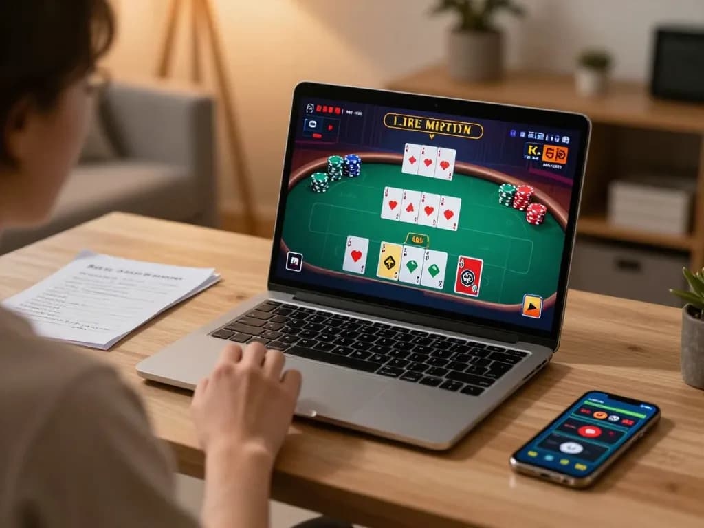 Engaging in online poker at https://mm88.se.net/ while surrounded by strategy notes and a laptop display.