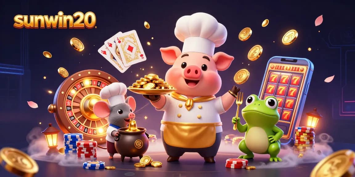Experience the thrill of sunwin20 with a vibrant casino scene featuring a chef pig, sous-chef mouse, and critic frog serving gold.