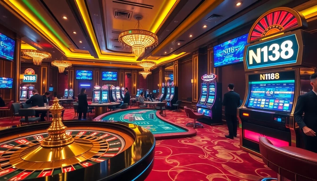 N188 showcases a thrilling gambling experience with a luxurious casino interior featuring a roulette wheel, poker table, and vibrant slot machines.