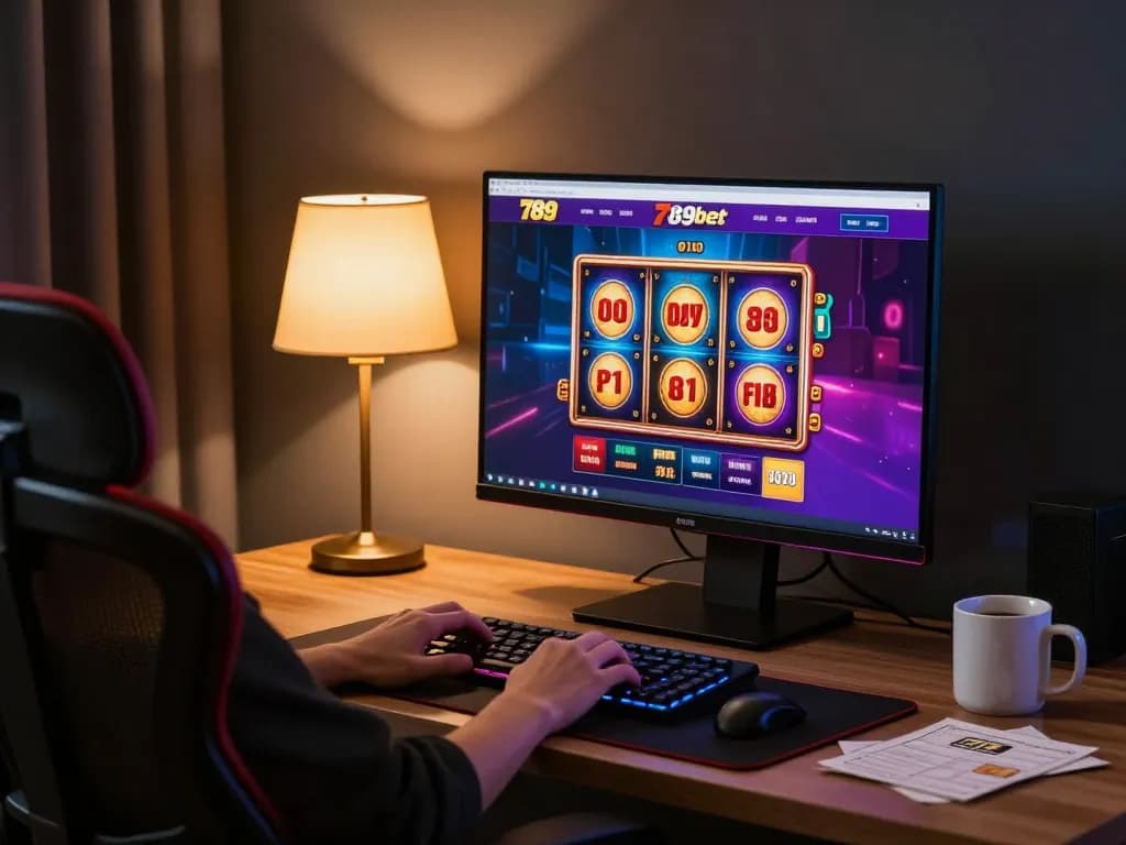 Engaging online gaming scene on 789bet platform showcasing vibrant slot graphics and a cozy desk setup.