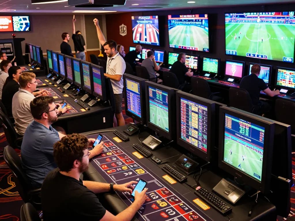 Exciting sports betting scene at MB88 with patrons placing bets and enjoying live games