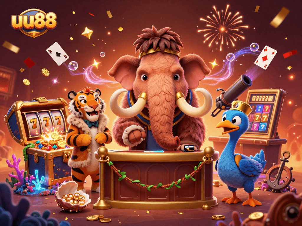 Experience exciting uu88 casino action with a vibrant 3D illustration of characters and game elements.