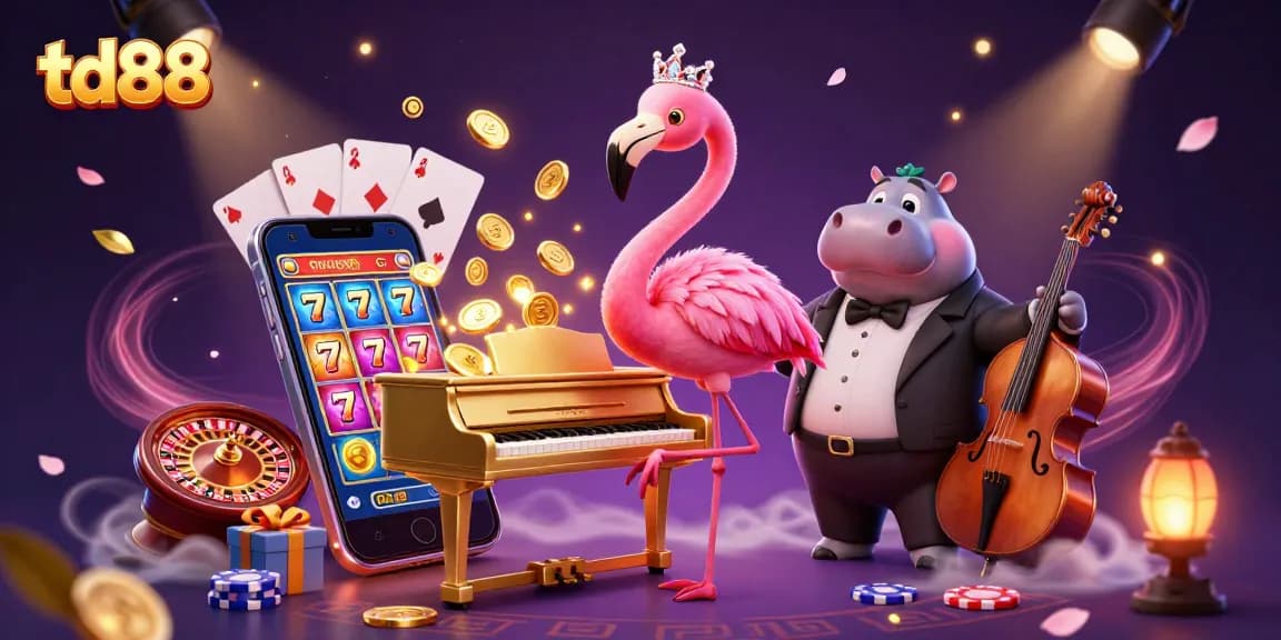 Join the excitement at td88 with a vibrant casino scene featuring a flamingo singer and hippo bassist.