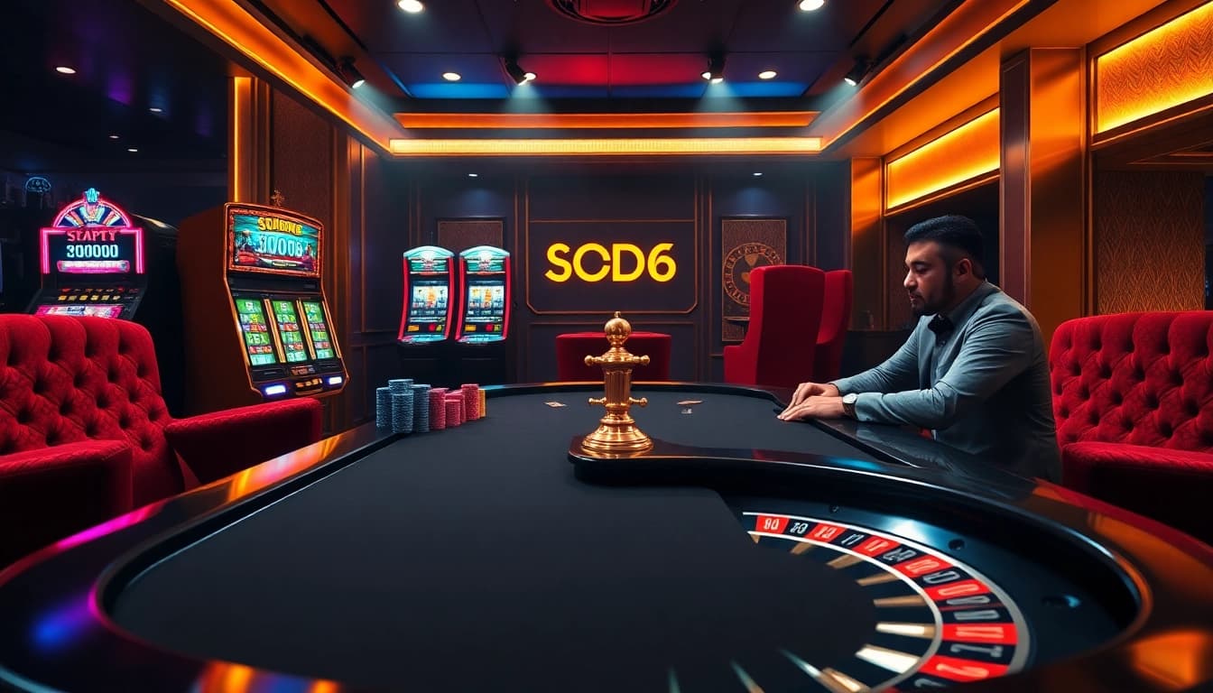 SODO66 offers an exciting casino experience with poker chips and a roulette wheel in a luxurious setting.
