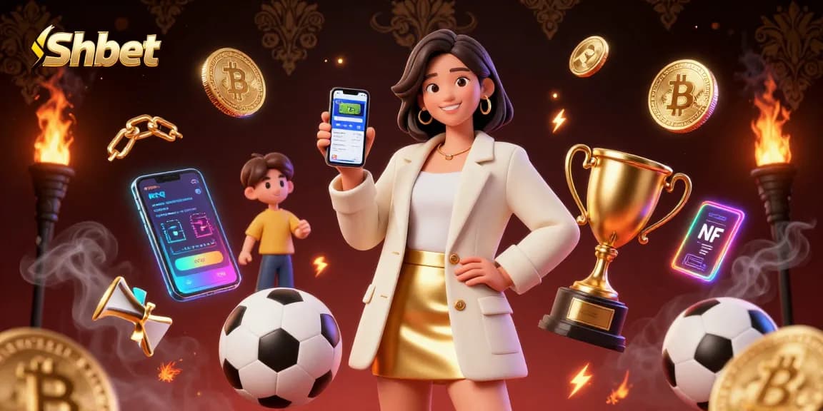 Experience the thrill of sports betting with Shbet's engaging app showcased by a vibrant Asian woman.