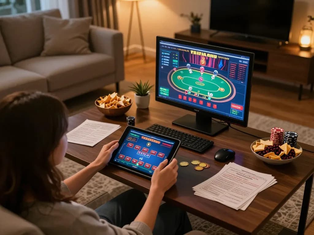 Engaging in online casino gaming tại luck8 with poker app on a tablet in a cozy living room