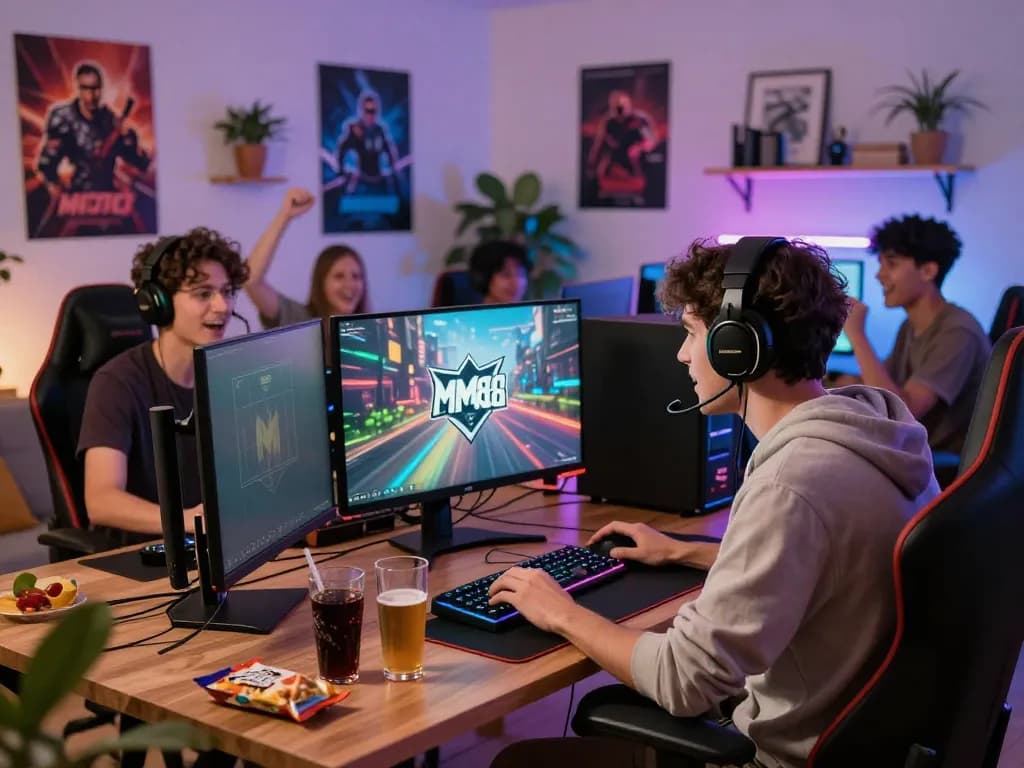 Exciting gaming atmosphere featuring MM88 logo and engaged players.