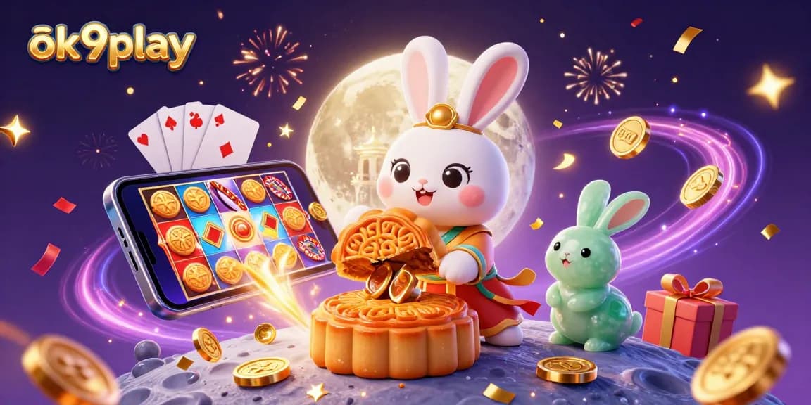 Experience exciting gaming with ok9play as adorable moon rabbits unveil poker chips within lunar mooncakes.