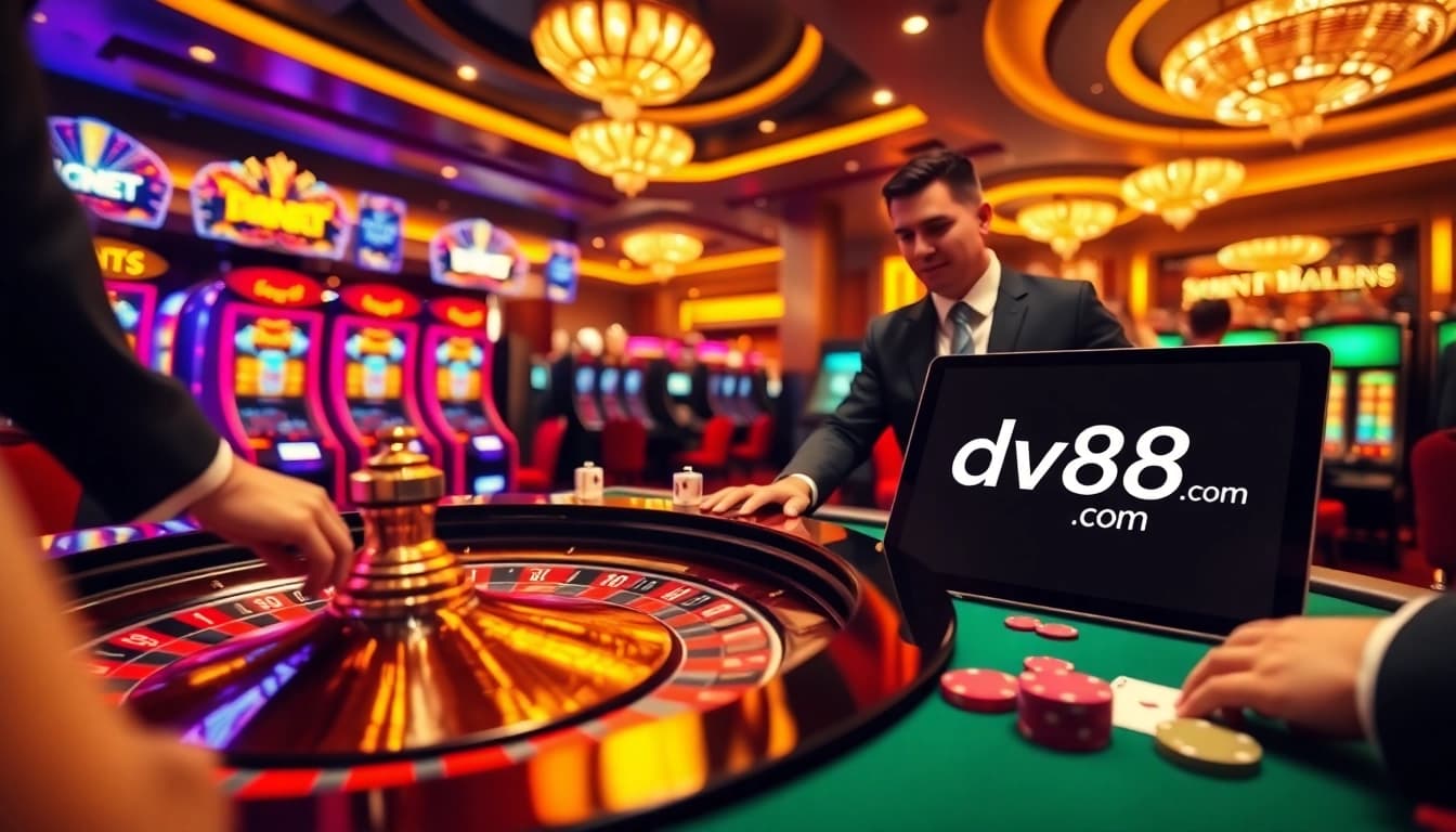 Players engaging at the roulette table in a vibrant casino atmosphere, highlighting dv88 com's gaming experience.