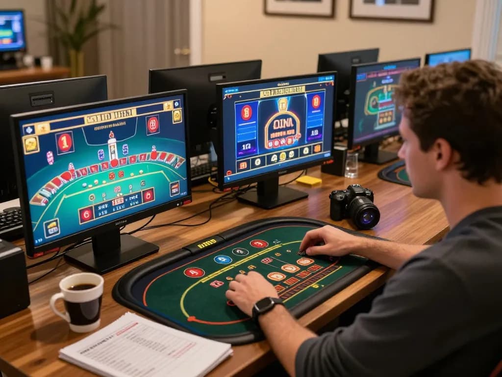 Engaging in sunwin online casino games while analyzing betting strategies, with multiple screens and cozy atmosphere