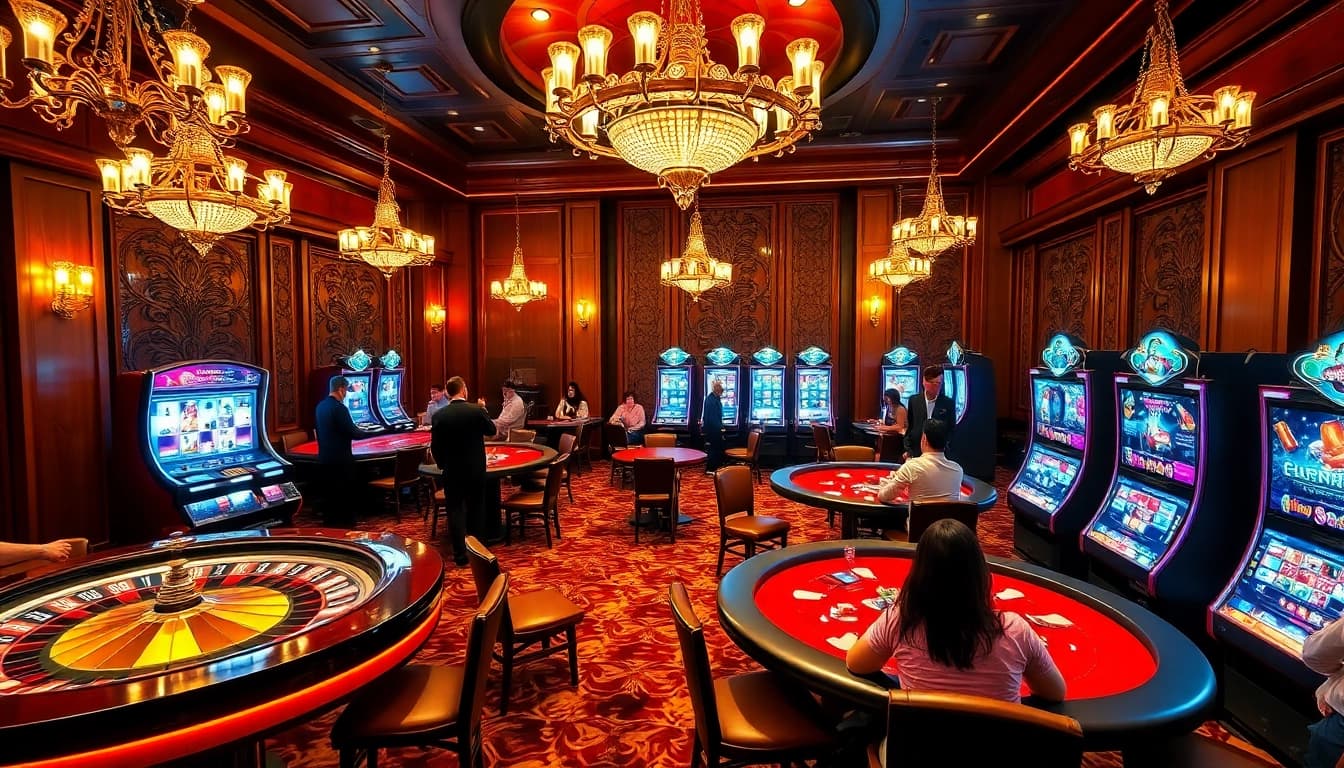 Players enjoying high-stakes games at the kim88 club casino, showcasing excitement and luxury.