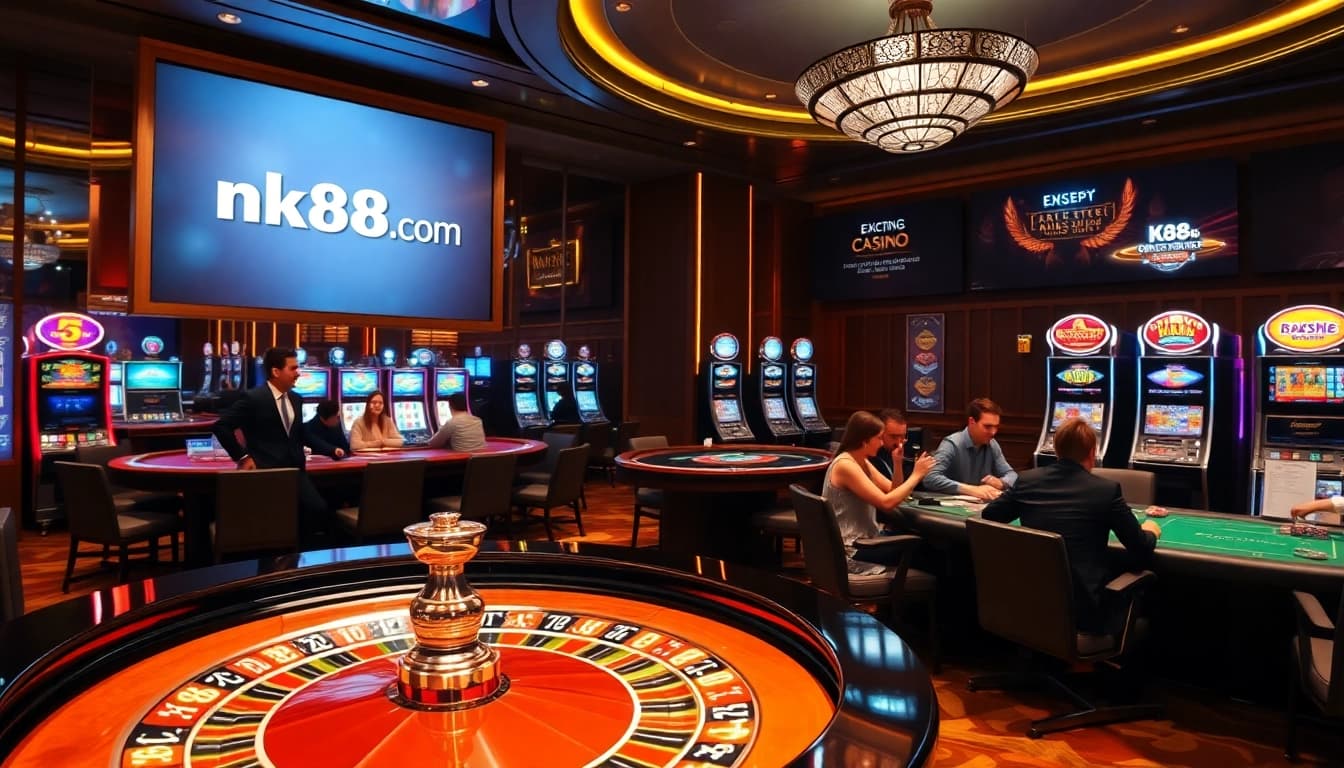 Engaging players analyzing strategies at nk88.com casino tables in a vibrant casino setting.