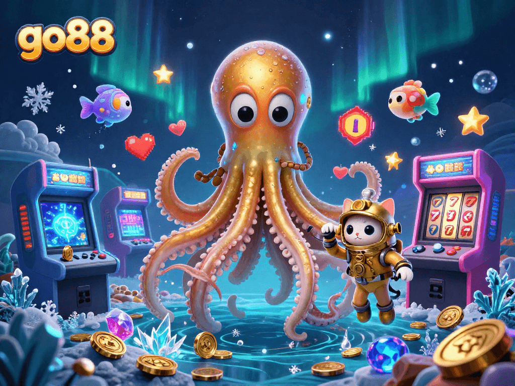Experience exhilarating gameplay with go88, showcasing a vibrant 3D kraken and diving cat in a treasure-filled casino scene.