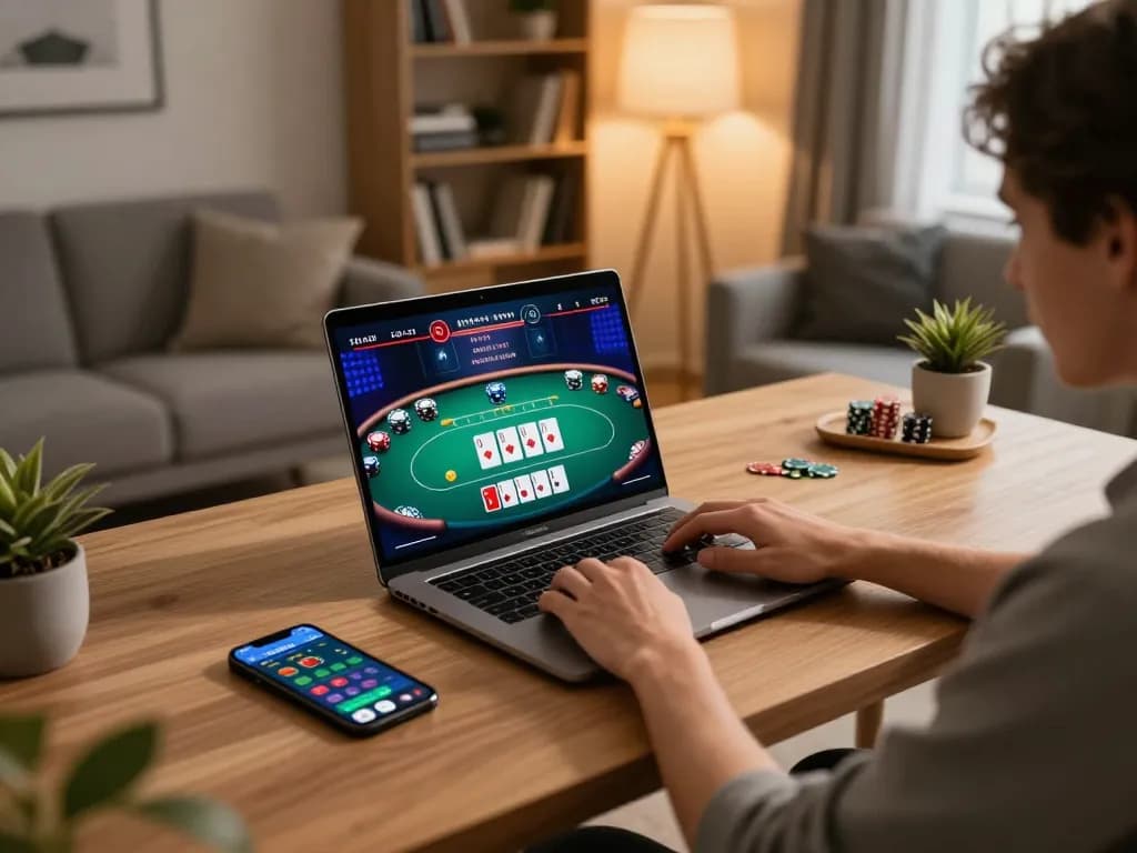Experience digitalwala's online play with a vibrant poker room displayed in a cozy home office setting.