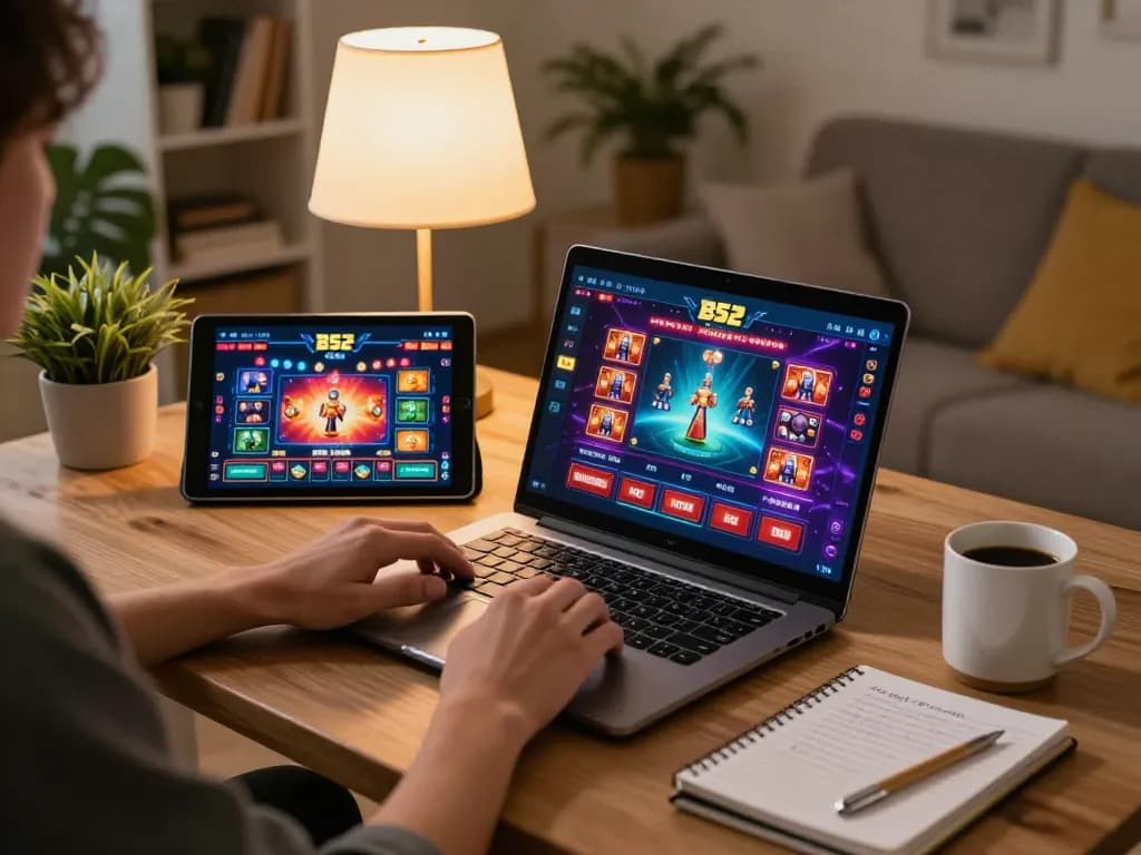 B52 club player engaging with online games on a cozy home setup, showcasing strategic gameplay and comfort.