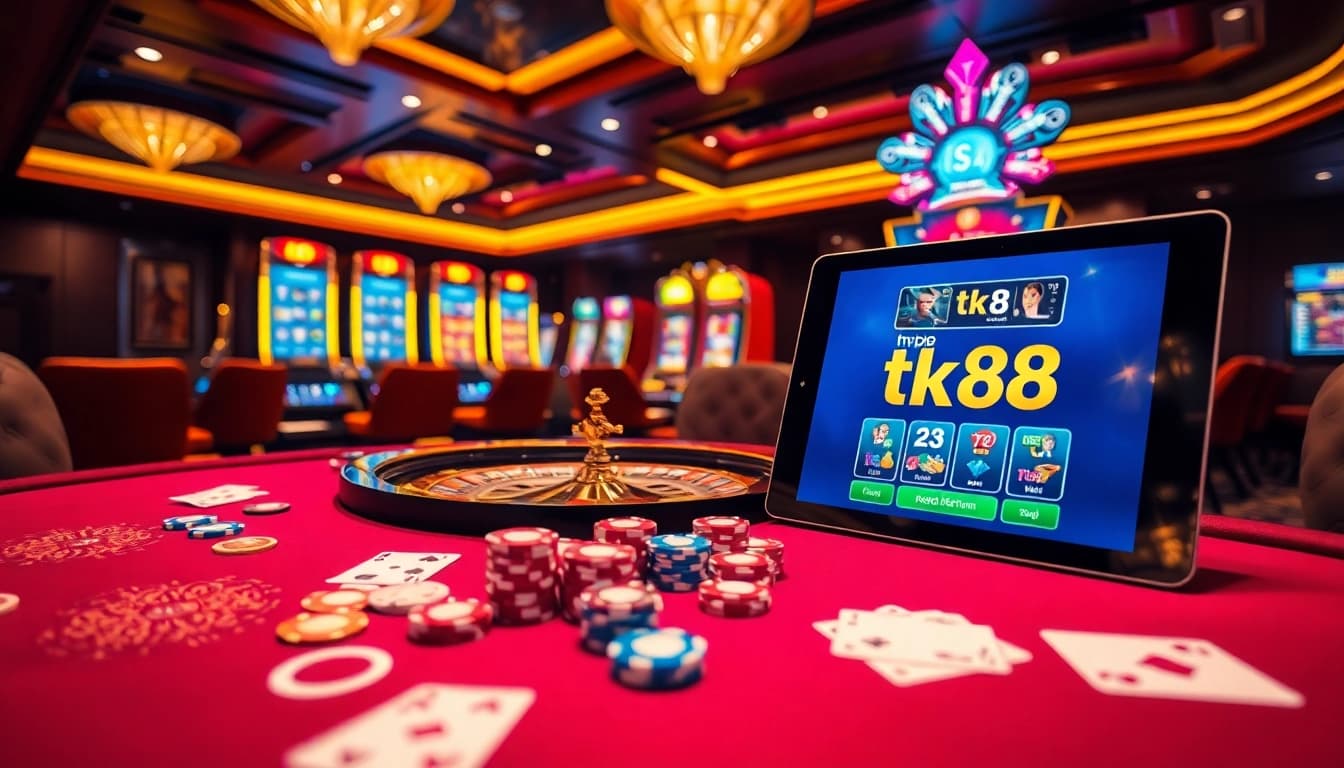 Engage with thrilling casino games at http://tk88.forum/ with vibrant poker chips and an exciting roulette wheel.
