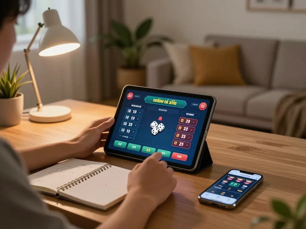 Engaged player exploring tài xỉu online on a tablet in a cozy home environment.