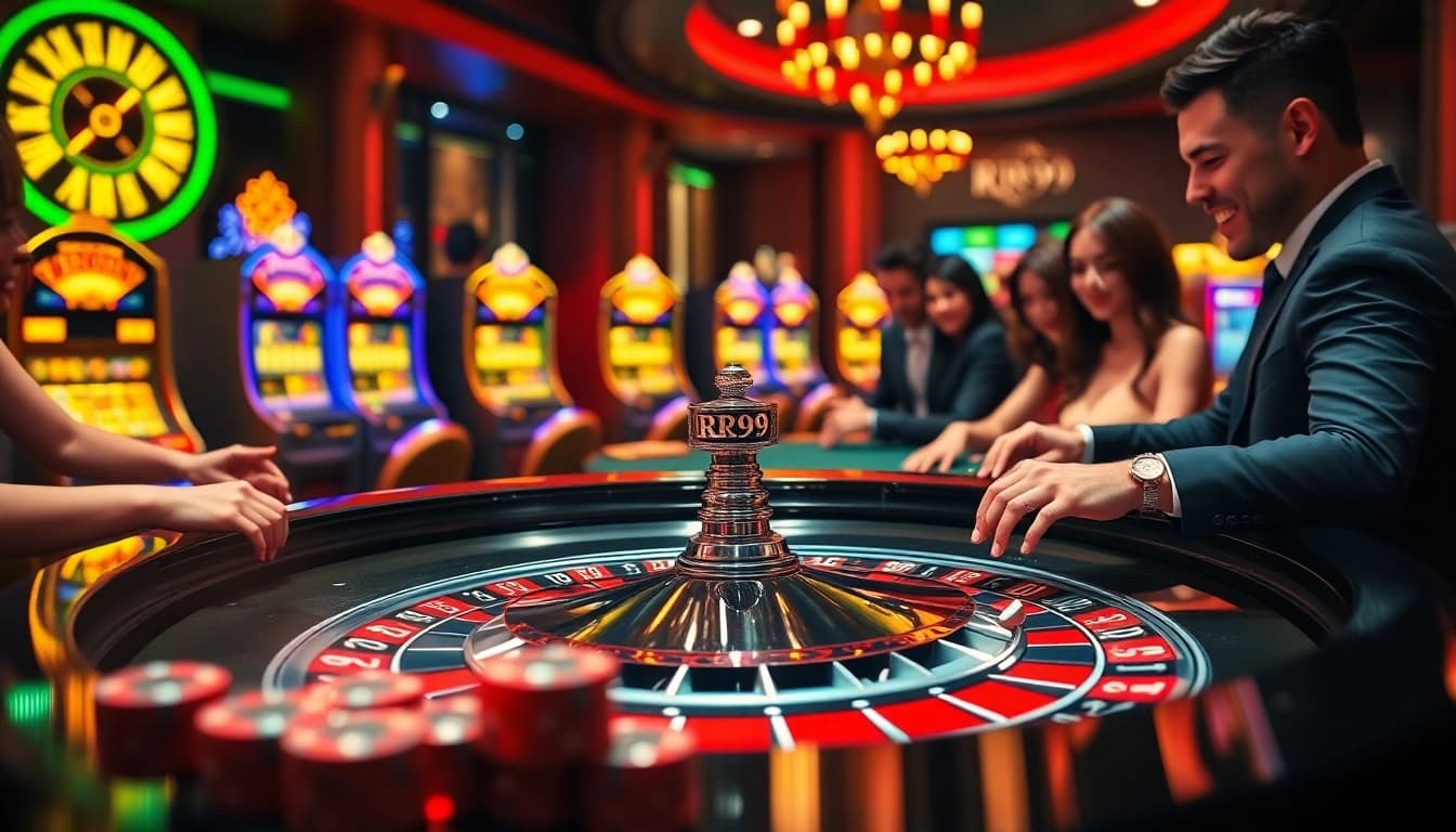 Players engaging at the RR99 roulette table, showcasing excitement and vibrant casino atmosphere.