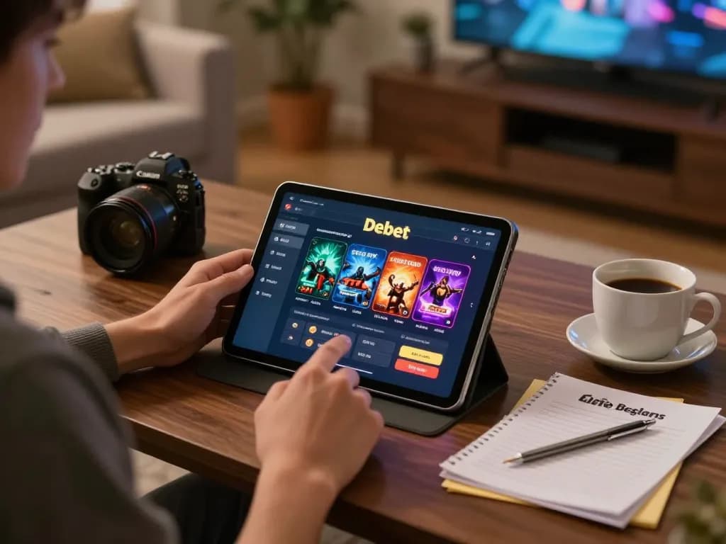 Player enjoying debet online casino gaming on tablet with strategy notes, creating a relaxed home atmosphere