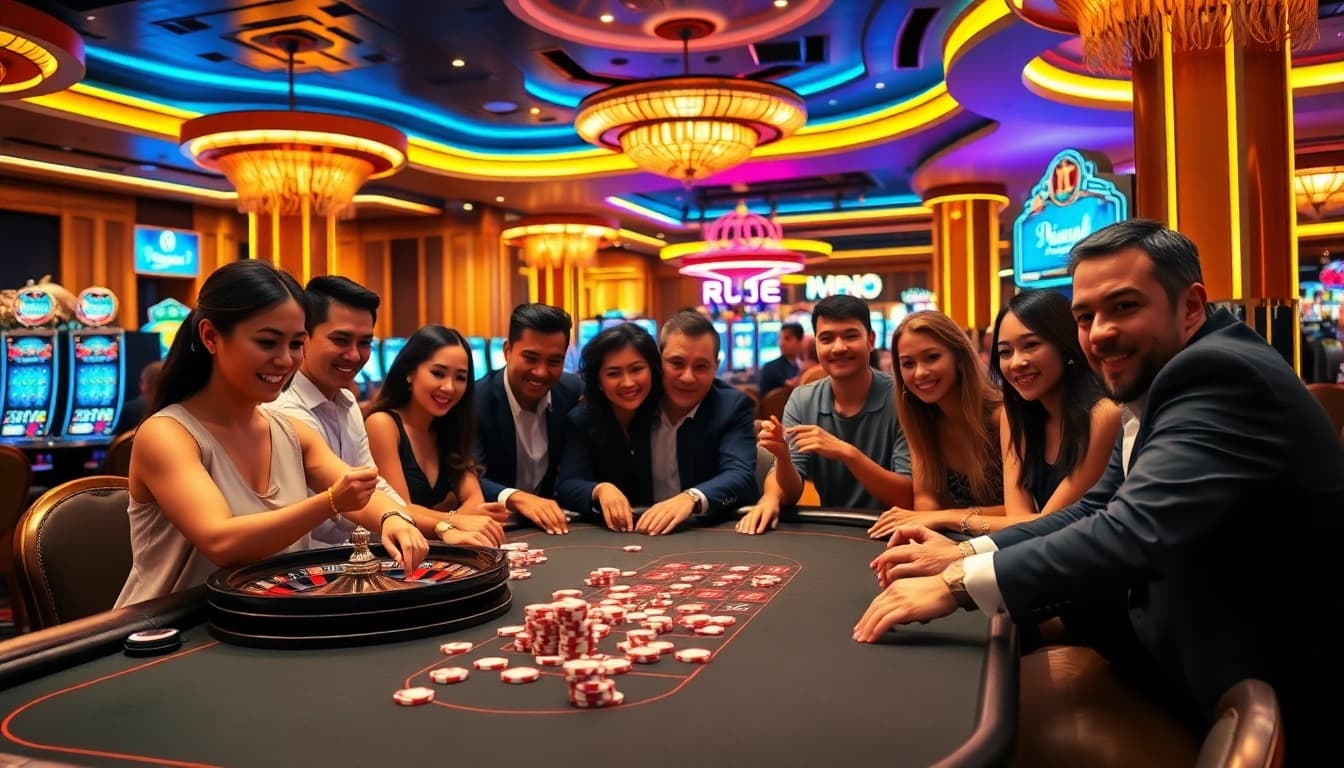 Engage in thrilling gambling at NK88 with vibrant visuals of poker chips and a roulette wheel.