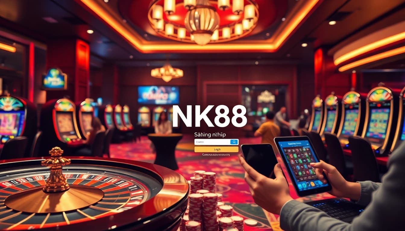 Engaging players at NK88 Đăng nhập in a vibrant casino scene with roulette and slot machines.