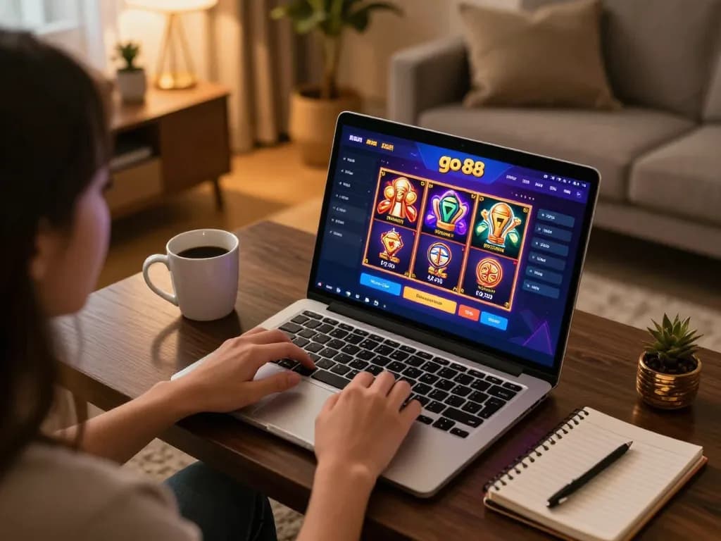 Person engaging with go 88 online casino on laptop showcasing vibrant games in a cozy home setting.