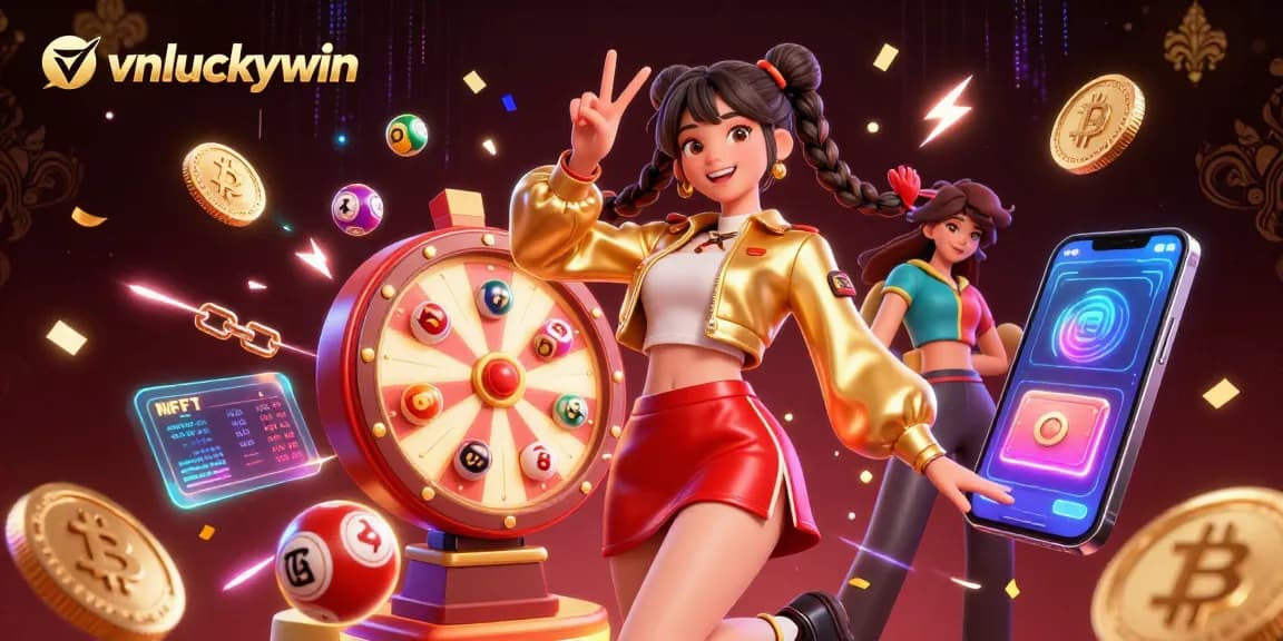 Win at vnluckywin with a beautiful Asian woman celebrating surrounded by lottery elements.
