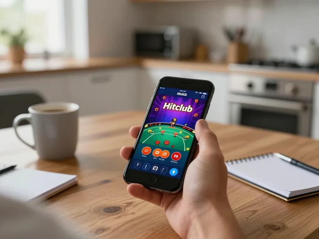 Player engaged in Hitclub mobile gaming using a smartphone app in a cozy kitchen setting.